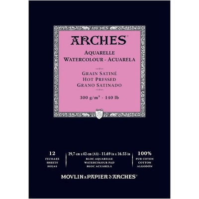 Arches 100% Cotton Watercolor Pad (A3 Size:29.7x42cms) Hot Pressed; 300 GSM; 12 Sheets | Reliance Fine Art |Arches 100% Cotton Watercolor PaperArches Watercolor PaperSketch Pads & Papers