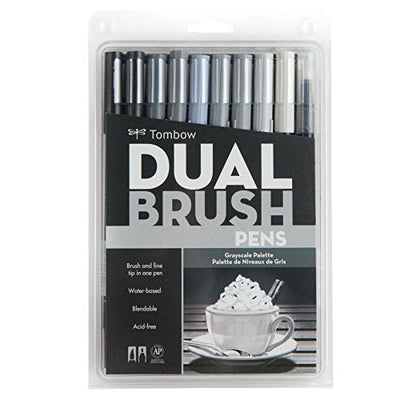 Tombow Dual Brush Pen Set, 10-Pack, Grayscale Colors (56171) | Reliance Fine Art |Illustration Pens & Brush Pens