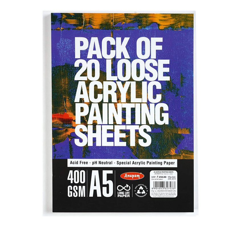 Anupam Acrylic loose sheets - A5 -20 Sheets - 400 GSM | Reliance Fine Art |A4 & A5Paper PacksPaper Packs A3