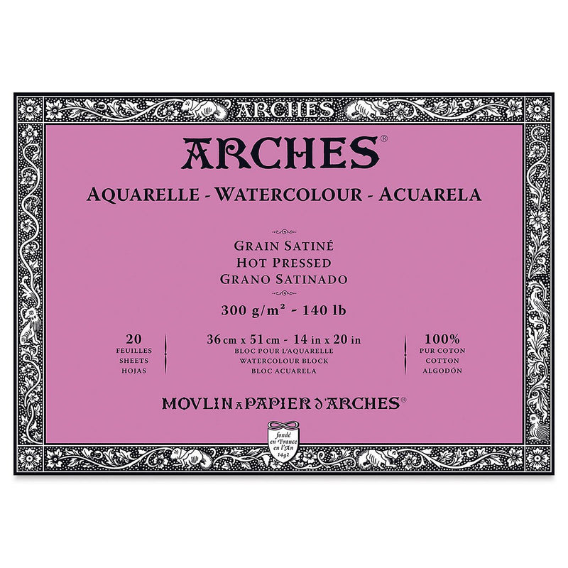 Arches 100% Cotton Watercolor Block (A2 (-) Size: 36x51cms) Hot Pressed; 300 GSM; 20 Sheets | Reliance Fine Art |Arches Watercolor Paper