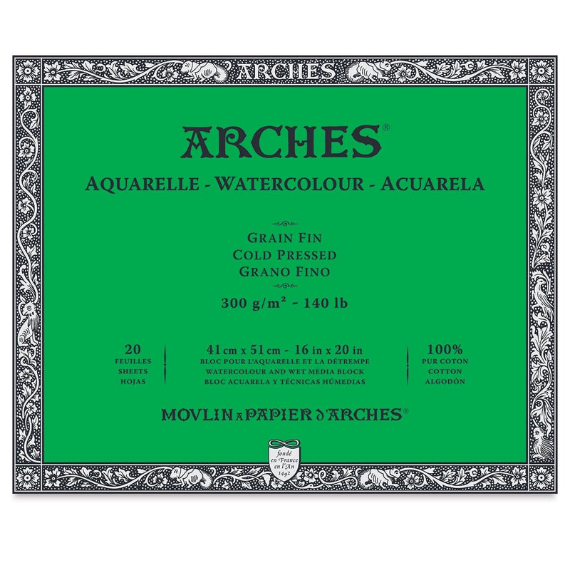 Arches 100% Cotton Watercolor Block (A2(-) Size: 41x51cms) Cold Pressed; 300 GSM; 20 Sheets | Reliance Fine Art |Arches 100% Cotton Watercolor PaperArches Watercolor PaperSketch Pads & Papers
