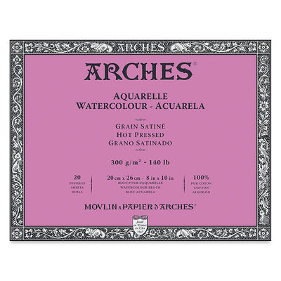 Arches 100% Cotton Watercolor Block (A4(-) Size: 20x26cms) Hot Pressed; 300 GSM; 20 Sheets | Reliance Fine Art |Arches 100% Cotton Watercolor PaperArches Watercolor PaperSketch Pads & Papers