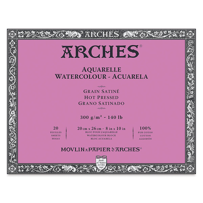 Arches 100% Cotton Watercolor Block (A4(-) Size: 20x26cms) Hot Pressed; 300 GSM; 20 Sheets | Reliance Fine Art |Arches 100% Cotton Watercolor PaperArches Watercolor PaperSketch Pads & Papers