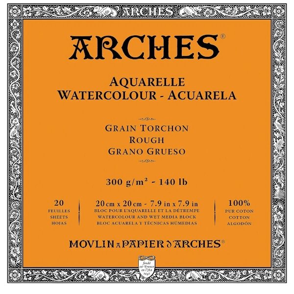Arches 100% Cotton Watercolor Block (Size: 20 x20 cm) Rough Grain; 300 GSM; 20 Sheets | Reliance Fine Art |Arches 100% Cotton Watercolor PaperArches Watercolor PaperSketch Pads & Papers