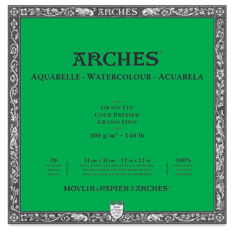 Arches 100% Cotton Watercolor Block (Size: 31x31cms) Cold Pressed; 300 GSM; 20 Sheets | Reliance Fine Art |Arches 100% Cotton Watercolor PaperArches Watercolor PaperSketch Pads & Papers