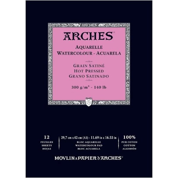 Arches 100% Cotton Watercolor Pad (A3 Size:29.7x42cms) Hot Pressed; 300 GSM; 12 Sheets | Reliance Fine Art |Arches 100% Cotton Watercolor PaperArches Watercolor PaperSketch Pads & Papers