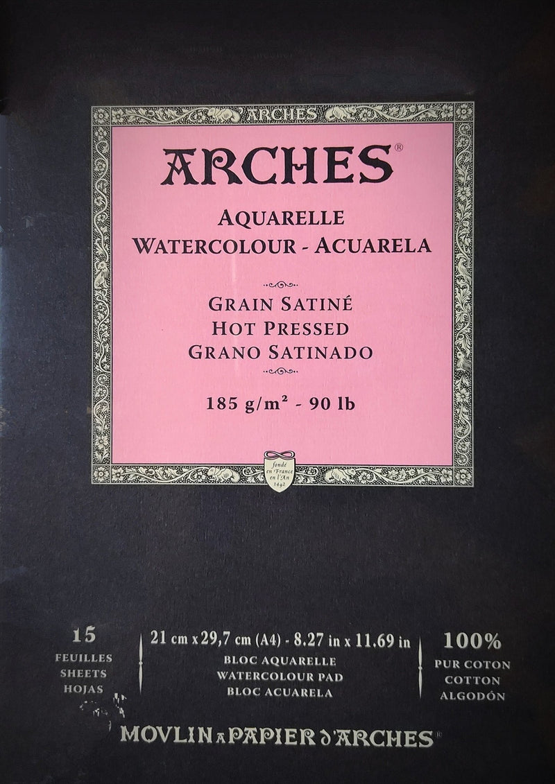 Arches 100% Cotton Watercolor Pad (A4 Size: 21x29.7cms) Hot pressed; 185 GSM; 15 Sheets | Reliance Fine Art |Arches 100% Cotton Watercolor PaperArches Watercolor PaperSketch Pads & Papers