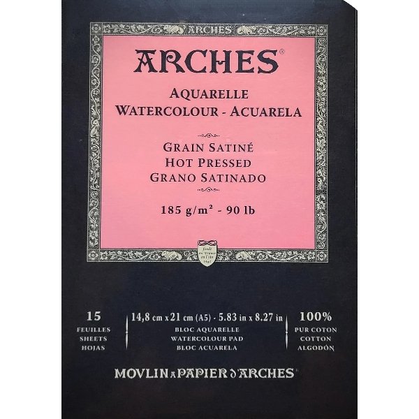 Arches 100% Cotton Watercolor Pad (A5 Size: 14.8x21cms) Hot pressed; 185 GSM; 15 Sheets | Reliance Fine Art |Arches 100% Cotton Watercolor PaperArches Watercolor PaperSketch Pads & Papers