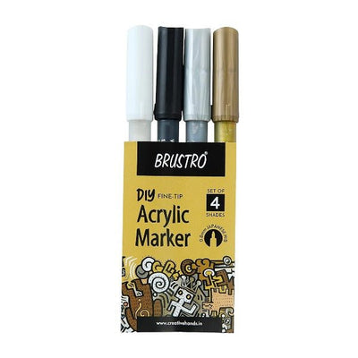 Brustro Acrylic (DIY) Fine Tip Marker Set of 4 - Gold, Silver, Black, White 0.8MM | Reliance Fine Art |Illustration Pens & Brush PensMarkersPaint Markers