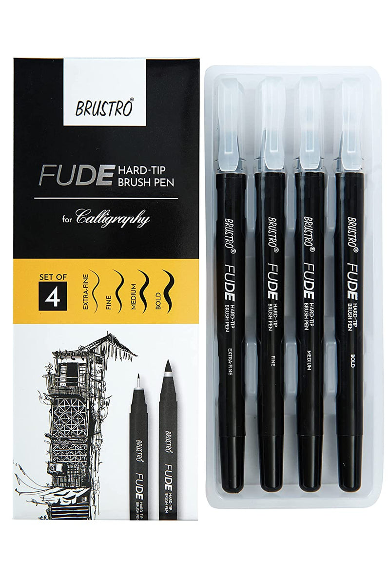 Brustro Fude Hard-tip Black Ink Brush Pen Set of 4 | Reliance Fine Art |Calligraphy & LetteringIllustration Pens & Brush Pens