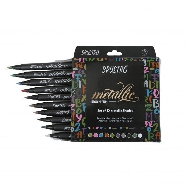 Brustro Metallic Brush Pens Set of 10 Colours | Reliance Fine Art |Illustration Pens & Brush Pens