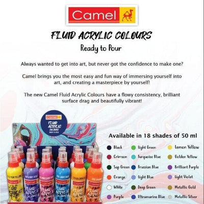 Camel Fluid Acrylic Colours Set of 18 Shades | Reliance Fine Art |Acrylic Paint SetsPaint SetsResin and Pouring Mediums & Sets