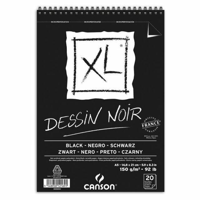 Canson XL Black Albums - spiral-bound on the short side - Deep Black GSM-150; Size-14.8x21cm-A5 | Reliance Fine Art |Art PadsSketch Pads & Papers