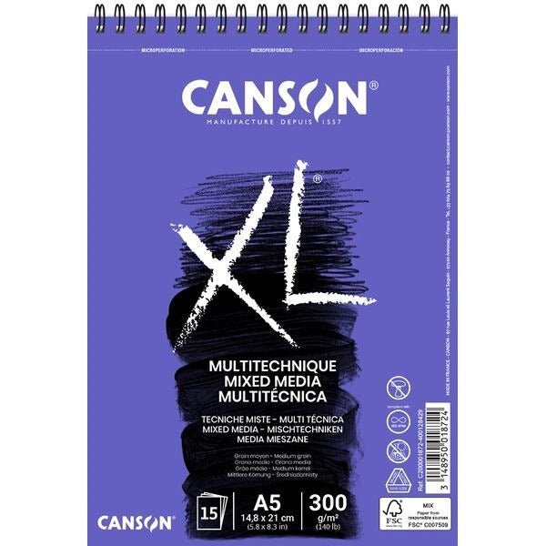 Canson XL Mix Media Album Spiral bound on short side 300gsm A5 | Reliance Fine Art |Art PadsPaper Pads for PaintingSketch Pads & Papers