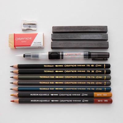 Caran'Dache Multi-Techniques Water Soluble Sketching Set - 13 Artistic Tools in Metal Box (779.313) | Reliance Fine Art |Charcoal & Graphite