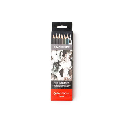 Caran'Dache Technalo Set - 6 Watersoluble Graphite Pencils + 1 Waterbrush + 1 Metal Box (779.307) | Reliance Fine Art |Charcoal & Graphite