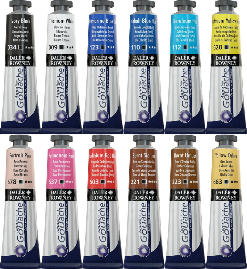 Daler Rowney Aquafine Gouache Paint Introduction Set of 12 x 15 ML | Reliance Fine Art |Gouache Paint SetsGouache PaintsPaint Sets