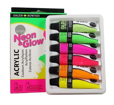 Daler & Rowney Neon Acylic Color Paints Set of 6 (Including Glow in Dark Medium) | Reliance Fine Art |Acrylic Paint SetsGlow in the Dark PaintsPaint Sets