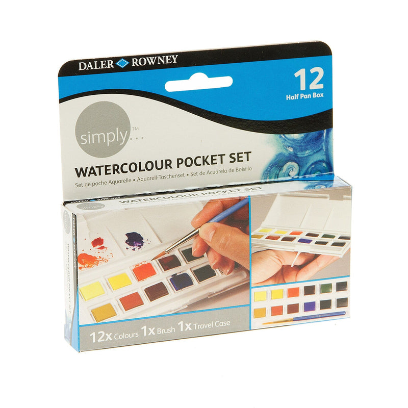 Daler Rowney Simply Watercolor Pocket Set of 12 Half pans (with brush and travel case) | Reliance Fine Art |Paint SetsWatercolor PaintWatercolor Paint Sets