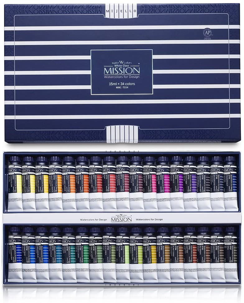 Mijello Mission White Class Watercolor Gouache Paint 15ml x 34 Colors (MWC-7034) | Reliance Fine Art |Gouache Paint SetsMijello Mission Gold WatercolorPaint Sets