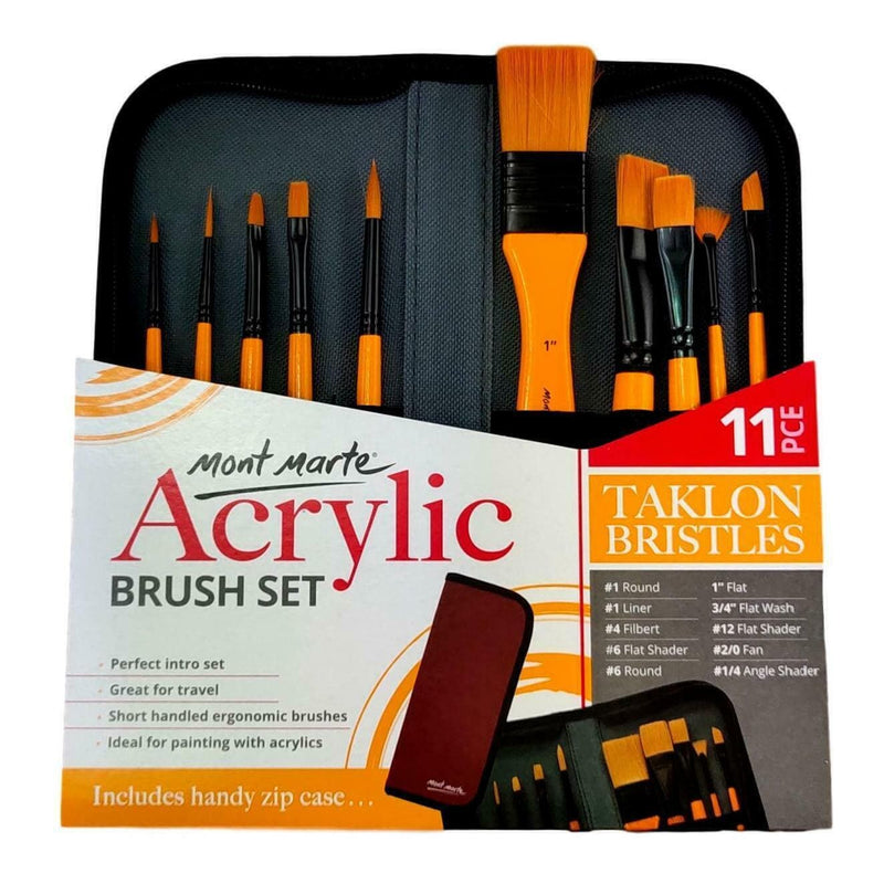 Mont Marte Brush Set in Wallet 11pc - Acrylic (BMHS0030) | Reliance Fine Art |Brush Sets