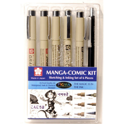 Sakura Manga Comic Kit Set of 6 Pens | Reliance Fine Art |Illustration Pens & Brush Pens