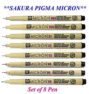 SAKURA Pigma Micron Pens Set 8 BLACK | Reliance Fine Art |Illustration Pens & Brush Pens