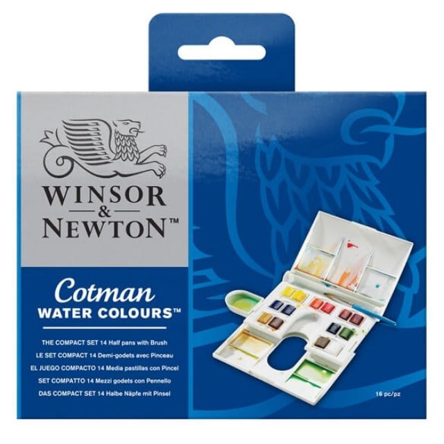 WINSOR & NEWTON COTMAN WATER COLOUR COMPACT SET OF 14 PANS WITH BRUSH (390083) | Reliance Fine Art |Paint SetsWatercolor PaintWatercolor Paint Sets